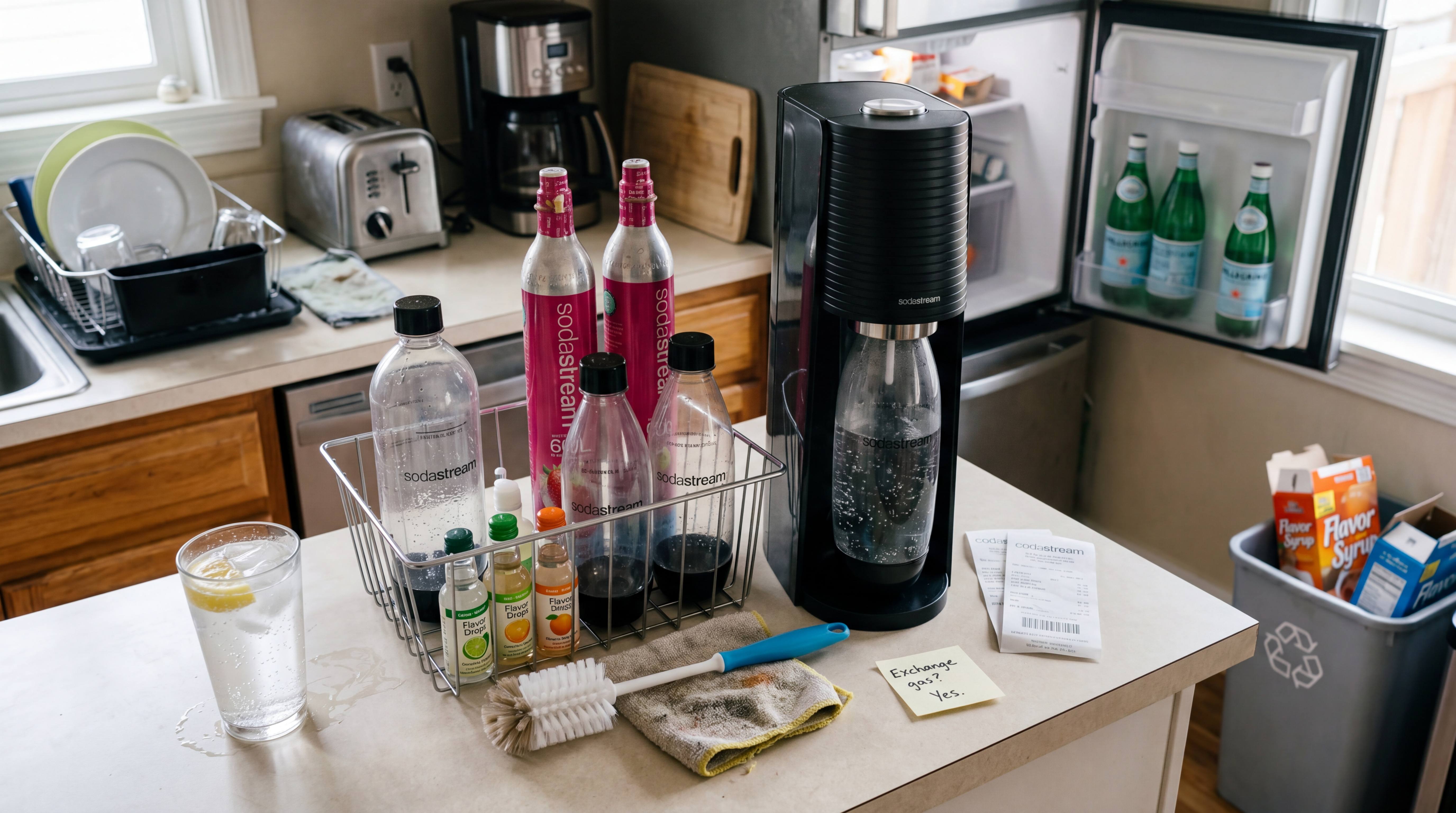 Home soda maker setup showing CO2 cylinders, reusable bottles, flavor drops, cleaning tools, receipts, and bottled sparkling water in the fridge